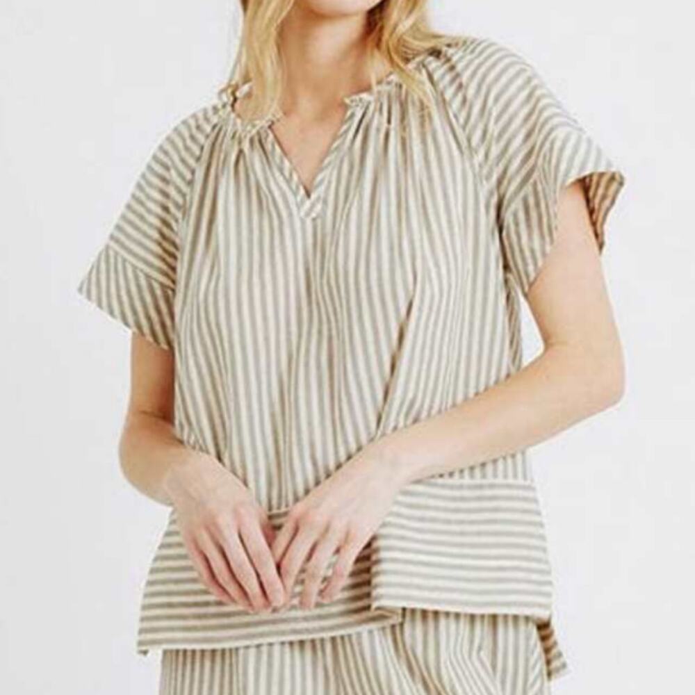 Mirth Handmade Collection Sage Green White Stripe 100% Cotton Blouse M